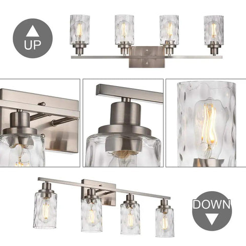 4 Light Vanity Light Fixtures For Bathroom With Brushed Nickel Finish And Hammered Glass Shades Dope Modern Wall Sconces Bath Lighting Bar E26 Base Compatible Sleek Minimalist Vanity Lighting