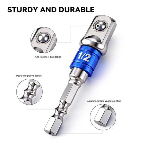 Close-up of impact grade 1/2 inch drive from 3Pcs Hex Shank To Square Built Tough Heavy Duty Socket Adapter Set, showing anti-slip ball design.