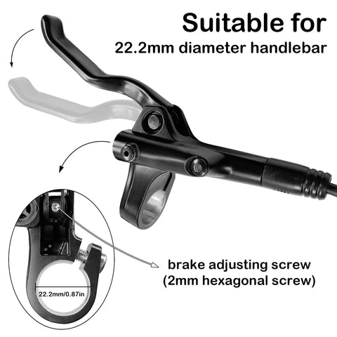 MT200 Hydraulic Brake Set For Mountain Bikes With 2 Piston Calipers showing brake lever and 22.2mm diameter handlebar fit