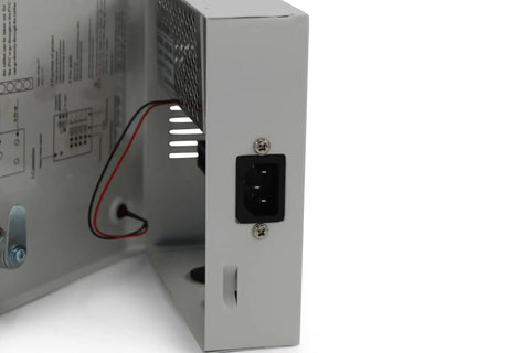 Side view of 4 Channel 12V DC Power Supply Box With Individually Fused Ports Delivering 5 Amps Per Channel For CCTV, LED And All 12V DC Devices
