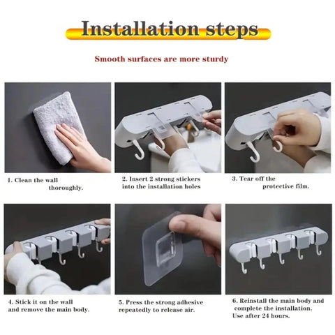 Installation steps for Heavy Duty Wall Mount Broom And Mop Organizer With 4 Racks And 5 Hooks For Bathroom Kitchen Garage Garden