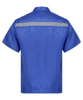 Back view of Men's Rugged As Nails Short Sleeve Work Jacket With Reflective Safety Stripes Heavy Duty Industrial Mechanic Uniform Zip Front Turn Down Collar Day Shift Shop Gear Blue 4XL.