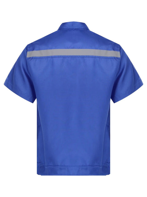 Back view of Men's Rugged As Nails Short Sleeve Work Jacket With Reflective Safety Stripes Heavy Duty Industrial Mechanic Uniform Zip Front Turn Down Collar Day Shift Shop Gear Blue 4XL.