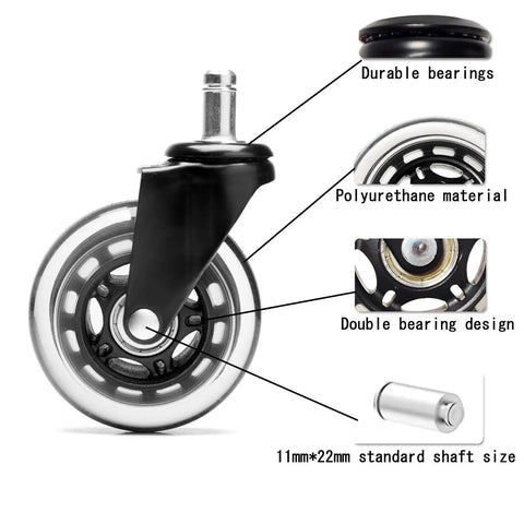 Built Tough Office Chair Caster Wheels Replacement Set Of Five Including Seven Sixteenths Inch Steel Stem features durable polyurethane material and double bearing.