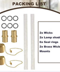 Packing list of Outdoor Wine Bottle Torch Kit Two Pack With Long Life Wicks Brass Wick Holders And Caps, showing components.