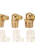 Reliable M6 x 1mm Metric Thread 90 Degree Angled Brass Hydraulic Zerk Grease Nipple Fittings Pack of 10 shown in varying sizes