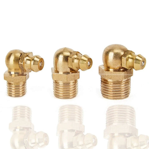 Reliable M6 x 1mm Metric Thread 90 Degree Angled Brass Hydraulic Zerk Grease Nipple Fittings Pack of 10 shown in varying sizes