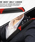 Close-up of 2 Pack Car Seat Belt Cover Pads Soft Carbon Fiber Leather Shoulder Protector in red, installed on a car seat belt for neck comfort.