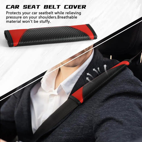 Close-up of 2 Pack Car Seat Belt Cover Pads Soft Carbon Fiber Leather Shoulder Protector in red, installed on a car seat belt for neck comfort.