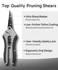 Diagram of Six Point Five Inch Pruning Shears Set, highlighting ultra sharp blades, ergonomic grip, safety lock, and rust resistance.
