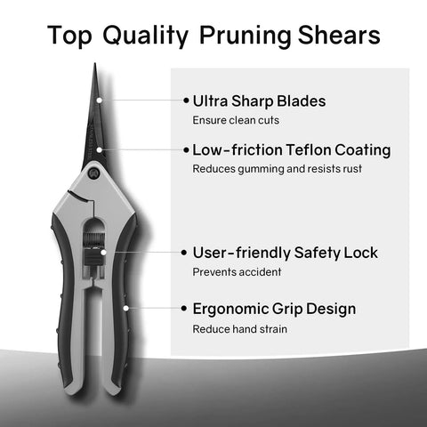 Diagram of Six Point Five Inch Pruning Shears Set, highlighting ultra sharp blades, ergonomic grip, safety lock, and rust resistance.