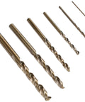 Six cobalt drill bits with round shanks; gold-colored bits for stainless steel drilling