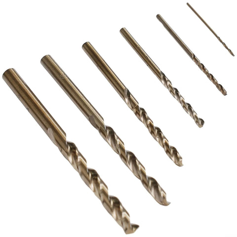 Six cobalt drill bits with round shanks; gold-colored bits for stainless steel drilling