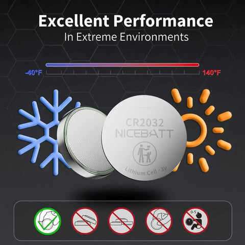 CR2032 Lithium Coin Cell showing excellent performance in extreme temperatures for Apple AirTag and car key fob use.