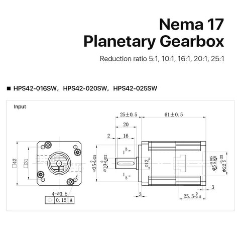 Nema17 Hps42 Planetary Gearbox Speed Reducer For Stepper Motors dimensions and specifications diagram with square housing details.
