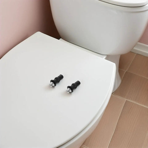 Eight Piece Black Toilet Seat Screws Expansion Hinge Bolts And Nuts Kit For Slip Resistant Quick Replacement Includes Bolts Nuts And Washers To Keep Your Toilet Seat Rock Solid And Secure installed on white toilet seat