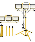 LED Work Light With Stand Dual Head 22,000 Lumens Waterproof Work Light With Independent On Off Switches USB And Socket 10.8 Ft Power Cord Adjustable Telescoping Tripod displayed with components.
