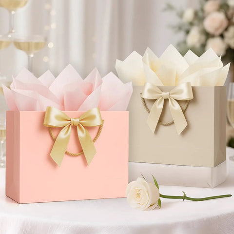 Medium Gift Bags With Handles Set Includes Ribbon Card And Two Tissue Papers For Weddings Birthdays Baby Showers Engagements And Mothers Day Champagne Beige Paper Gift Bags For Party Favors