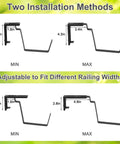 Level Up Your Porch Decor With This Ace Two Tier Railing Planter Box Set Black Window Boxes For Balcony Deck Garden Adjustable No Drill Clamp Rock Solid Iron Frame Easy Install Vibe installation method diagram with sizes.
