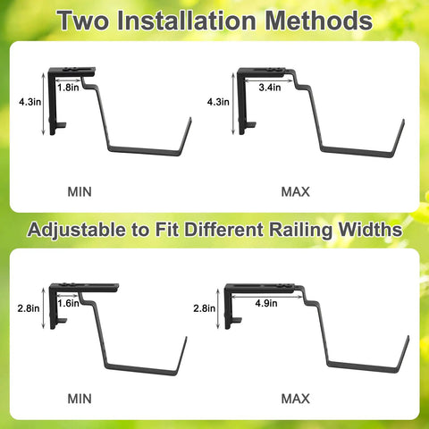 Level Up Your Porch Decor With This Ace Two Tier Railing Planter Box Set Black Window Boxes For Balcony Deck Garden Adjustable No Drill Clamp Rock Solid Iron Frame Easy Install Vibe installation method diagram with sizes.