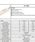 IP67 Waterproof LED Driver Power Supply 75W 24V DC Output 3A For LED Lighting 110-240V AC To DC Transformer High Efficiency Switching Mode Outdoor Ready Built Tough For Indoor And Outdoor Use, side view with spec chart