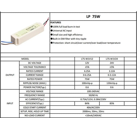 IP67 Waterproof LED Driver Power Supply 75W 24V DC Output 3A For LED Lighting 110-240V AC To DC Transformer High Efficiency Switching Mode Outdoor Ready Built Tough For Indoor And Outdoor Use, side view with spec chart