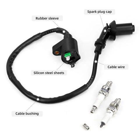 Race Ready Ignition Coil With Two Spark Plug Wires Replacement Kit for 50cc to 150cc engines, showing components arranged on a white background