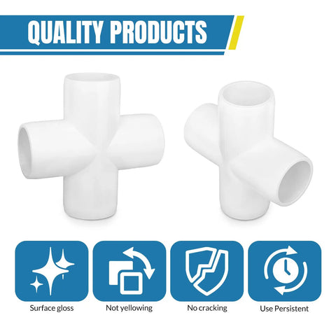 Two white 20 Pack Cross PVC Fittings 4 Way Elbow Connectors for DIY garden shelving and tent greenhouse pipe builds, highlighted features.