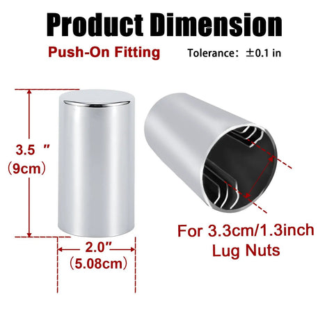 33 Millimeter Lug Nut Covers Kit For Hub Piloted Wheels Three And A Half Inch Tall ABS Chrome Push On Nut Covers For Semi Trucks Trailers Complete Axle Cover Set Twenty Pack product dimensions image showing 3.5 inch height and 2 inch diameter.