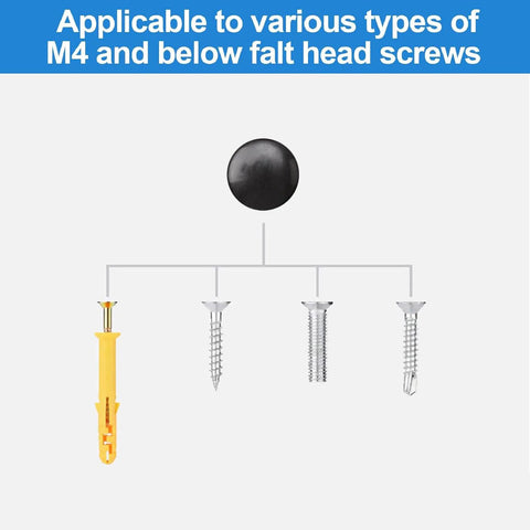 Diagram showing 100 Dome Screw Covers Black, M4 Mirror and Glass Fastener Caps, with various compatible screw types.