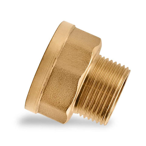 Brass adapter nipple, side view, 3/4 in male x 1 in female NPT pipe fitting (Amazon).