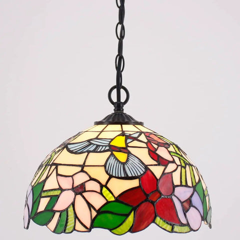 Tiffany Pendant Light Plug In Hummingbird Amber Stained Glass, 12 Inch Hanging Lamp From S101 Series with floral design