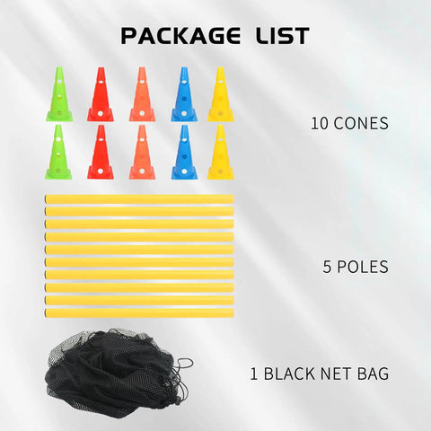 Dog Agility Training Set With 10 Cones And 5 Poles For Backyard Obstacle Course, showing multicolor cones and yellow poles