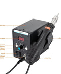 Hot Air Rework Station 700W 110V with three nozzles, displaying steel case, heat gun, and controls for electronics repair.