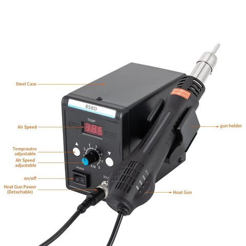 Hot Air Rework Station 700W 110V with three nozzles, displaying steel case, heat gun, and controls for electronics repair.