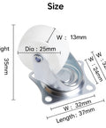 Angled side view of a 1-inch swivel caster with square mounting plate; Dia 25mm, plate 32×37mm, height 35mm