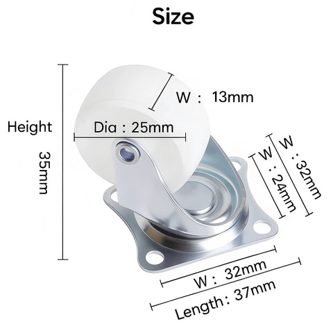 Angled side view of a 1-inch swivel caster with square mounting plate; Dia 25mm, plate 32×37mm, height 35mm