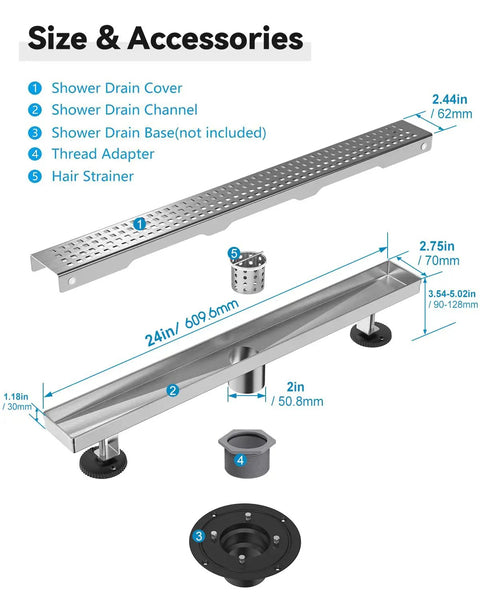 Diagram of Linear Shower Drain 24 Inch Brushed Nickel 304 Stainless Steel Rectangular Floor Drain With Removable Grate And Adjustable Leveling Feet For Modern Baths, showing parts and dimensions.