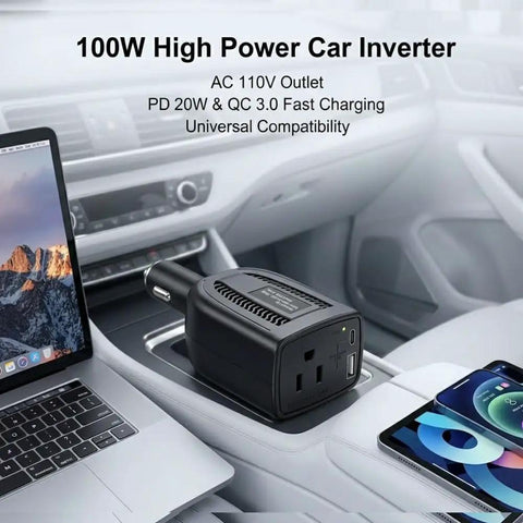 Ultra Compact 100W Power Inverter With Wicked Quiet Fanless Design in car cup holder with laptop and phone charging.