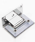Heavy Duty Stainless Steel Frameless Glass Shower Door Hinge Two Way Pivoting Silent Closure close-up view showing pivot mechanism and base.