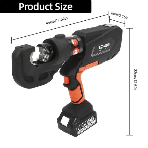 Top Shelf Hydraulic Cable Lug Crimper Pliers With Twelve Heavy Duty Dies Rock Solid 150KN showing size 44cm x 8cm x 32cm.