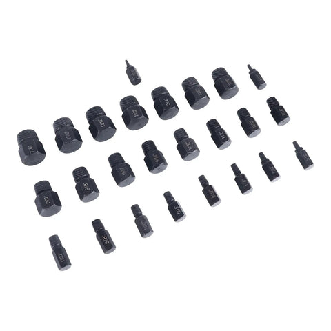 Beast 25 Piece Screw Extractor Set for Broken Screws and Bolts, alloy steel remover kit, showing all 25 sizes from 1/8 to 7/8 inch.
