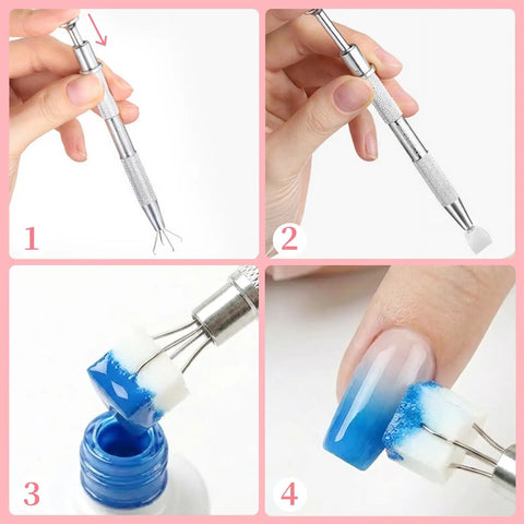 Step-by-step use of 500 Piece Mini Nail Sponges Kit With Pickup Tool And Storage Box For Ombre Gradient Nail Art Gel Polish Blending