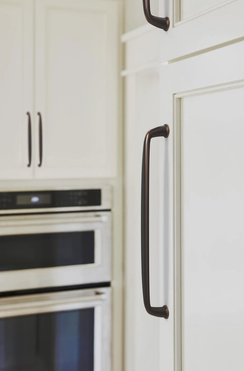Oil Rubbed Bronze Cabinet Pull In Transitional Style Center To Center 8.8125 Inch Overall Length 9.5 Inches on kitchen cabinet