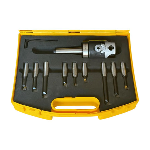 Open yellow case showing 2 Inch Boring Head With MT2 Shank, 3/8-16 Thread, 1/2 Inch Boring Bar Set, 9 Piece 1/2 Inch Shanks