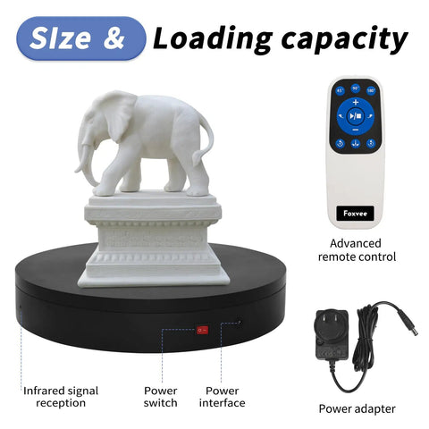 Detailed view of the Foxvee Remote Controlled Motorized Turntable, 360 Degree Rotating Display Stand with an elephant figurine and remote.