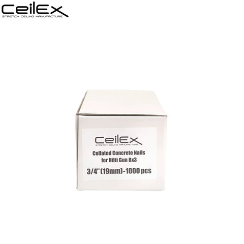 Box of 1000-Count Collated Concrete Nails 3/4 Inch For BX3 Cordless Nailer, 19mm, visible labeling and logo