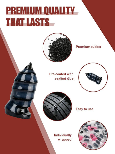 Universal Car Tire Repair Kit With 50 Heavy Duty Rubber Strips Screw In Tool And Two Tubes Sealant Glue showing premium rubber plugs and sealing glue.