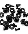 Four Set Release Screw Kits For Leatherwork, Woodworking, And Metal Applications, Rock Solid Screws Delivering A Tight Grip For Sheaths, Holders, And DIY Projects. black metal four-piece release screw kit with washers