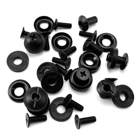 Four Rock Solid Packs Of Black Slotted Posts Cross Head Screws, metal fasteners for leather and woodworking projects.